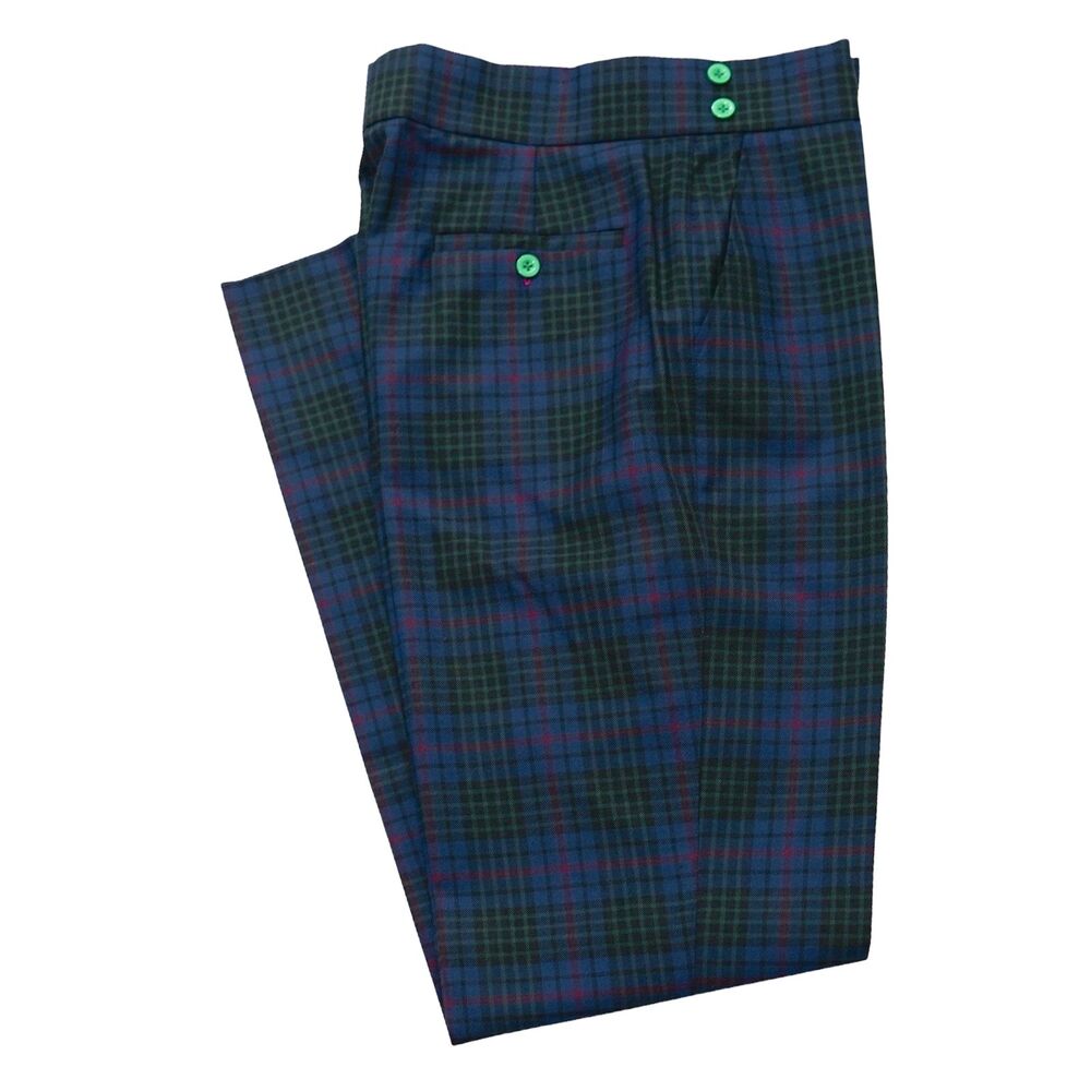 Mens 32 Gurkha Pants Blue Green Plaid 100% Wool High Waist Flat Front Trousers